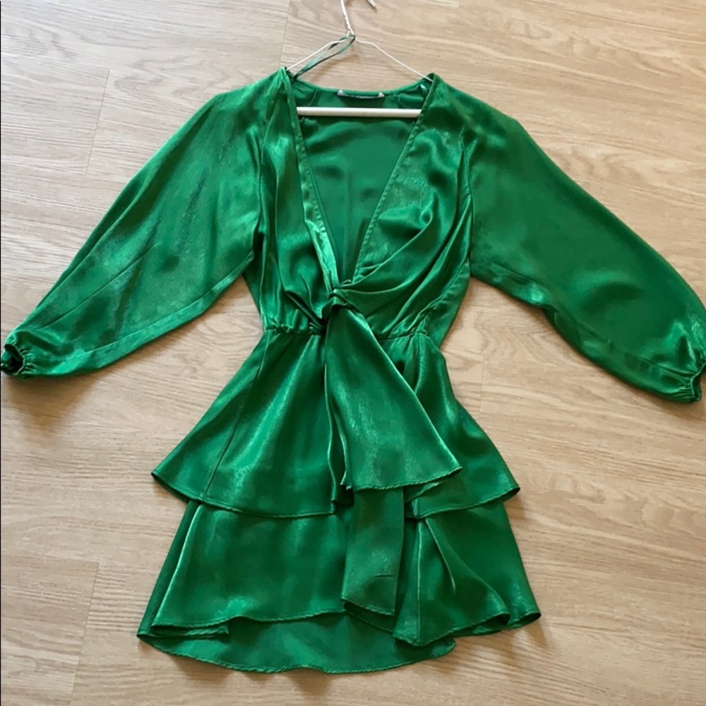 Zara Green Emerald Satin Dress Mini size x…